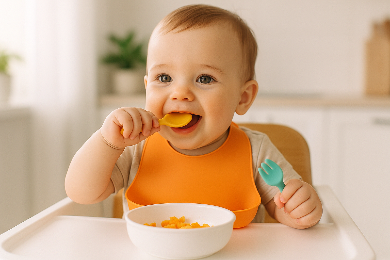Baby eating on a table with silicon bin and silicon sooon and fork