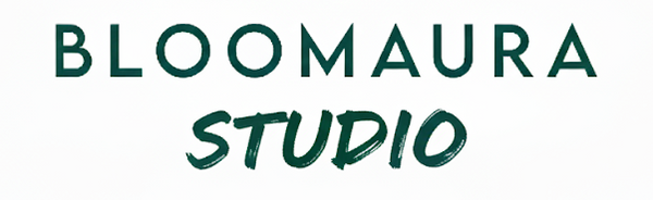 Logo of Bloomaura Studio with green leaves on a white background